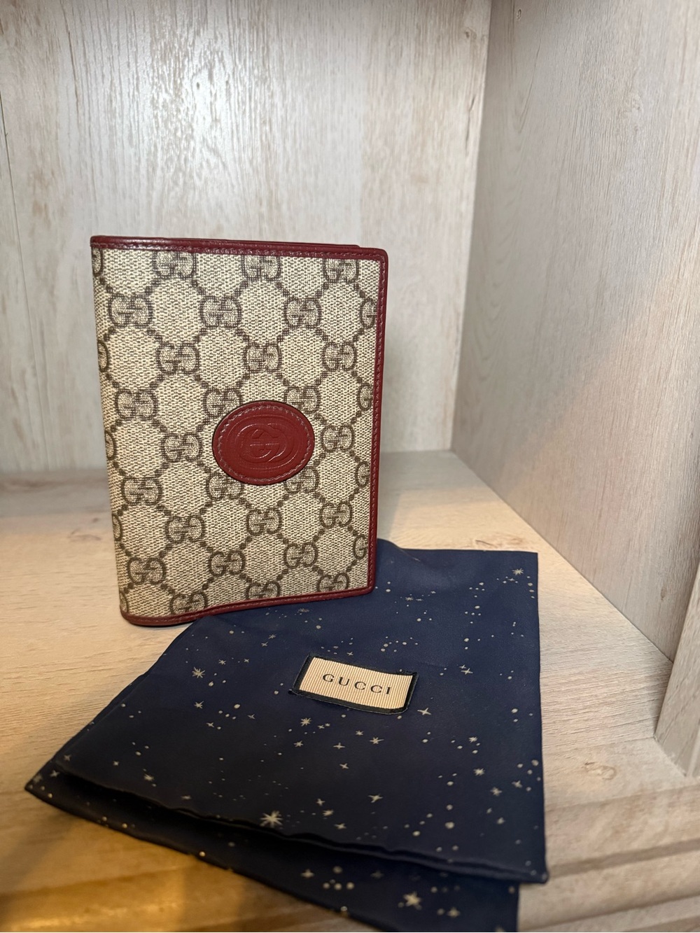 Gucci GG Canvas Passport Cover in Beige with Red Trim